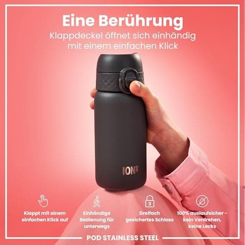 ion8 Kinder Trinkflasche Edelstahl 400ml Nicht Isoliert Sichere Verriegelung Spülmaschinenfest Klappdeckel Leicht zu Rei
