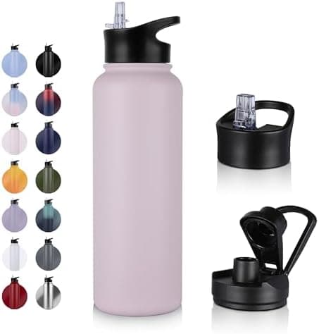 Edelstahl Trinkflasche - 1L - mit Strohhalm, BPA frei Thermosflasche,Vakuum Doppelwandisolierung für Sport,Schule und Fa
