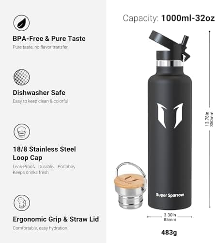 Super Sparrow Trinkflasche Edelstahl - Auslaufsicher Thermoskanne - Kinder für Sprudel, Sport, Schule, Fitness - 500ml -