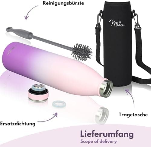 Milu Edelstahl Trinkflasche für Erwachsene – 750ml Isolierflasche zum Tragen – auslaufsicher, Kohlensäuregerecht inkl. R