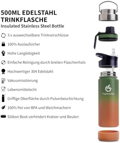 hydro2go Edelstahl Trinkflasche Mit Strohhalm, Bpa-Frei, Isolierflasche Für Kinder, Sport & Outdoor, 12h Heiß 24h Kalt H