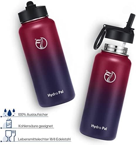 HydroPal Edelstahl Trinkflasche - Isolierte Flasche mit Strohhalm & 2 Deckeln, Auslaufsichere Isolierung für Sport, 500m