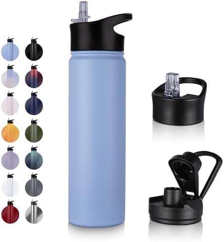 Edelstahl Trinkflasche - 1L - mit Strohhalm, BPA frei Thermosflasche,Vakuum Doppelwandisolierung für Sport,Schule und Fa
