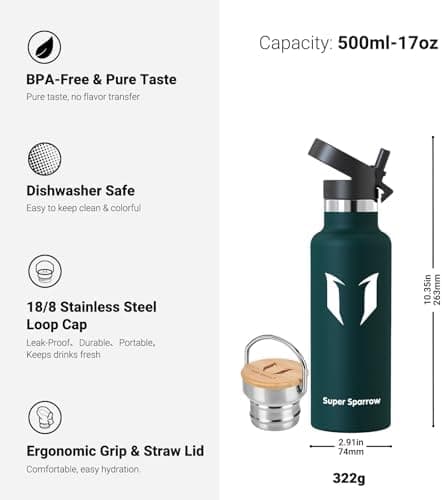 Super Sparrow Trinkflasche Edelstahl - Auslaufsicher Thermoskanne - Kinder für Sprudel, Sport, Schule, Fitness - 500ml -