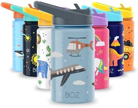 BOZ Isolierte Wasserflasche für Kinder | Edelstahl, doppelwandig, 414 ml | Praktisch und bequem mit Strohhalm-Deckel
