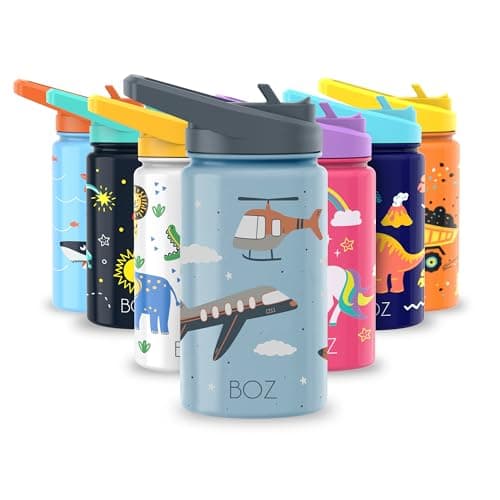 BOZ Isolierte Wasserflasche für Kinder | Edelstahl, doppelwandig, 414 ml | Praktisch und bequem mit Strohhalm-Deckel