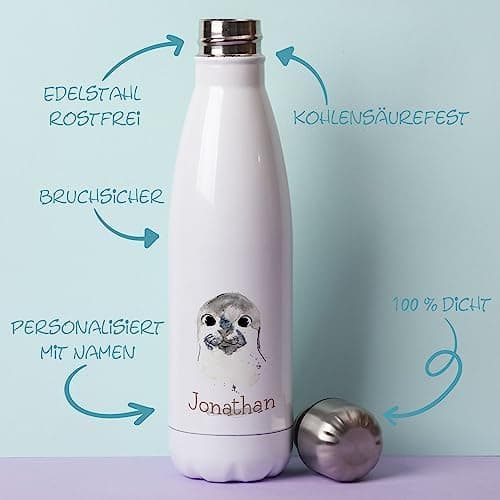 Timalo® personalisiert Thermosflasche für Tiere 500mL Wasserflasche Kinder Mädchen Jungen auslaufsichere Edelstahl Robbe