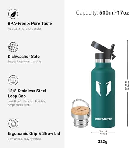Super Sparrow Trinkflasche Edelstahl - Auslaufsicher Thermoskanne - Kinder für Sprudel, Sport, Schule, Fitness - 500ml -