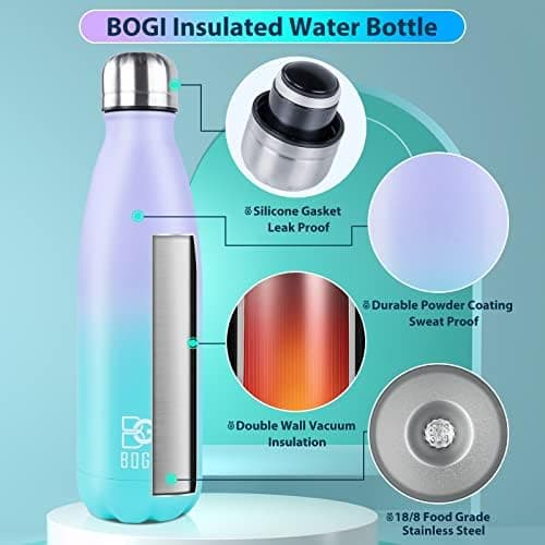 BOGI Doppelwandige Thermosflasche Edelstahl Trinkflasche Kinder Trinkflasche Schule Himmelblau Pink