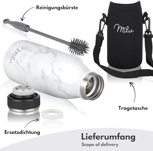 Milu Edelstahl Trinkflasche für Erwachsene – 750ml Isolierflasche zum Tragen – auslaufsicher, Kohlensäuregerecht inkl. R