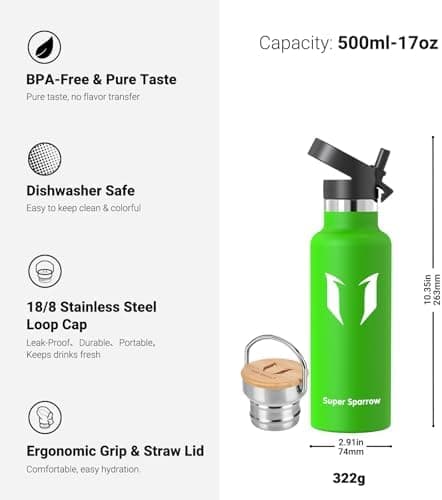 Super Sparrow Trinkflasche Edelstahl - Auslaufsicher Thermoskanne - Kinder für Sprudel, Sport, Schule, Fitness - 500ml -