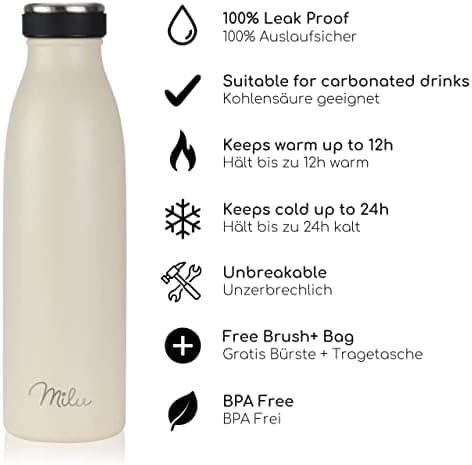 Milu Edelstahl Trinkflasche für Erwachsene – 750ml Isolierflasche zum Tragen – auslaufsicher, Kohlensäuregerecht inkl. R