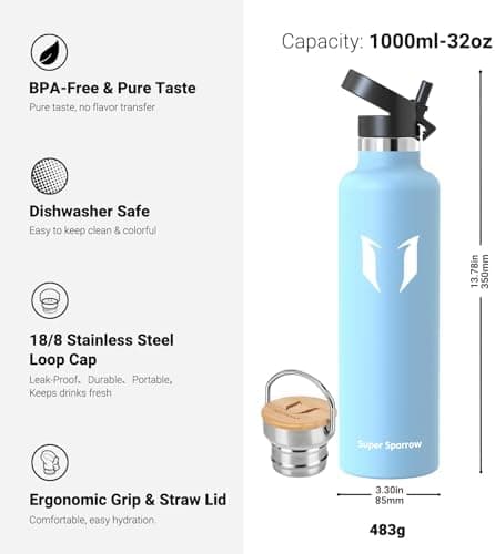 Super Sparrow Trinkflasche Edelstahl - Auslaufsicher Thermoskanne - Kinder für Sprudel, Sport, Schule, Fitness - 500ml -
