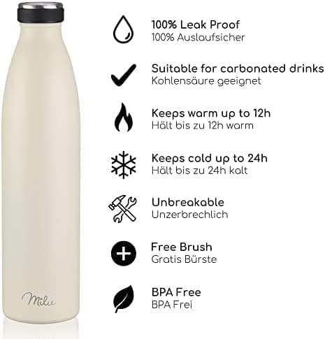 Milu Edelstahl Trinkflasche für Erwachsene – 750ml Isolierflasche zum Tragen – auslaufsicher, Kohlensäuregerecht inkl. R