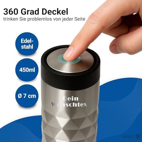 Thermobecher personalisiert 450 ml - auslaufsicherer Edelstahl to go Becher - Kaffeebecher für Büro, Auto und Uni - hält