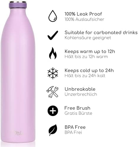 Milu Edelstahl Trinkflasche für Erwachsene – 750ml Isolierflasche zum Tragen – auslaufsicher, Kohlensäuregerecht inkl. R