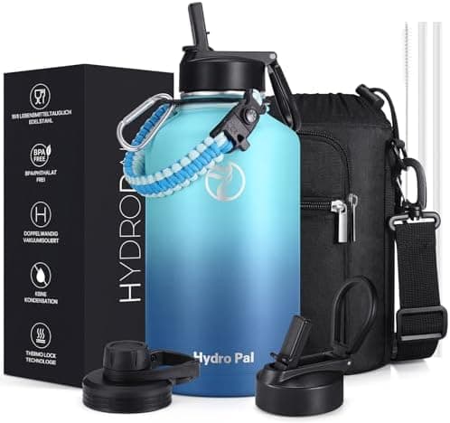 HydroPal Edelstahl Trinkflasche - Isolierte Flasche mit Strohhalm & 2 Deckeln, Auslaufsichere Isolierung für Sport, 500m
