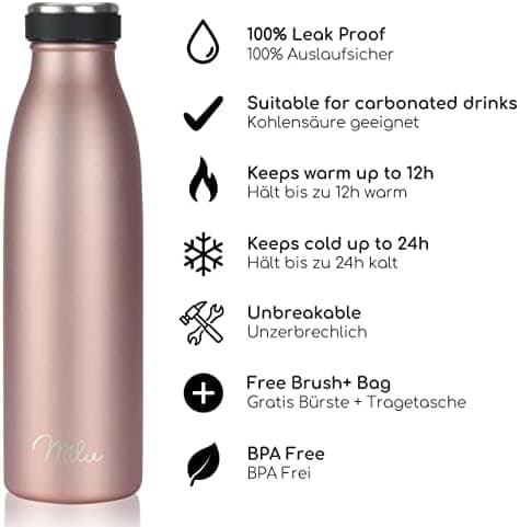 Milu Edelstahl Trinkflasche für Erwachsene – 750ml Isolierflasche zum Tragen – auslaufsicher, Kohlensäuregerecht inkl. R