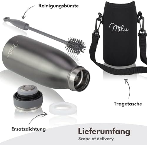 Milu Edelstahl Trinkflasche für Erwachsene – 750ml Isolierflasche zum Tragen – auslaufsicher, Kohlensäuregerecht inkl. R