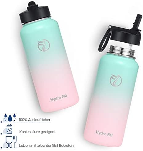 HydroPal Edelstahl Trinkflasche - Isolierte Flasche mit Strohhalm & 2 Deckeln, Auslaufsichere Isolierung für Sport, 500m