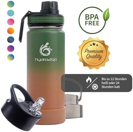 hydro2go Edelstahl Trinkflasche Mit Strohhalm, Bpa-Frei, Isolierflasche Für Kinder, Sport & Outdoor, 12h Heiß 24h Kalt H