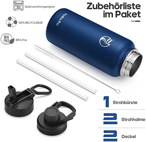 HydroPal Edelstahl Trinkflasche - Isolierte Flasche mit Strohhalm & 2 Deckeln, Auslaufsichere Isolierung für Sport, 500m