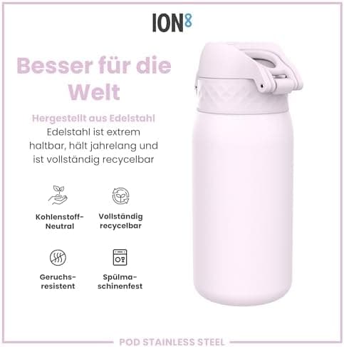 ion8 Kinder Trinkflasche Edelstahl 400ml Nicht Isoliert Sichere Verriegelung Spülmaschinenfest Klappdeckel Leicht zu Rei