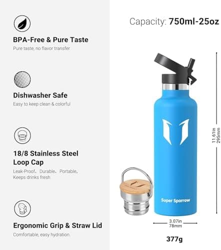 Super Sparrow Trinkflasche Edelstahl - Auslaufsicher Thermoskanne - Kinder für Sprudel, Sport, Schule, Fitness - 500ml -
