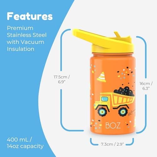 BOZ Isolierte Wasserflasche für Kinder | Edelstahl, doppelwandig, 414 ml | Praktisch und bequem mit Strohhalm-Deckel