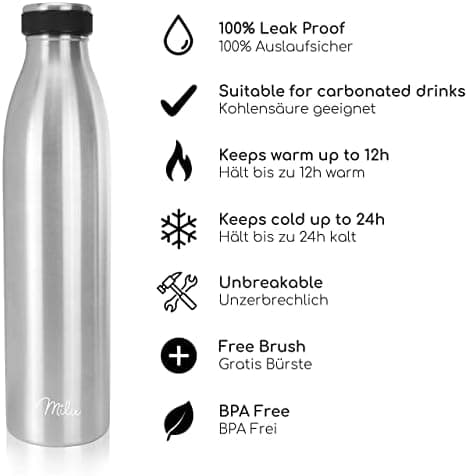 Milu Edelstahl Trinkflasche für Erwachsene – 750ml Isolierflasche zum Tragen – auslaufsicher, Kohlensäuregerecht inkl. R