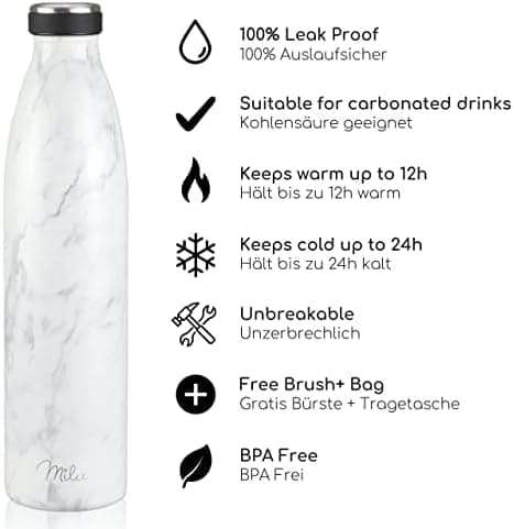 Milu Edelstahl Trinkflasche für Erwachsene – 750ml Isolierflasche zum Tragen – auslaufsicher, Kohlensäuregerecht inkl. R