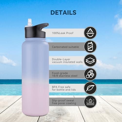Edelstahl Trinkflasche - 1L - mit Strohhalm, BPA frei Thermosflasche,Vakuum Doppelwandisolierung für Sport,Schule und Fa