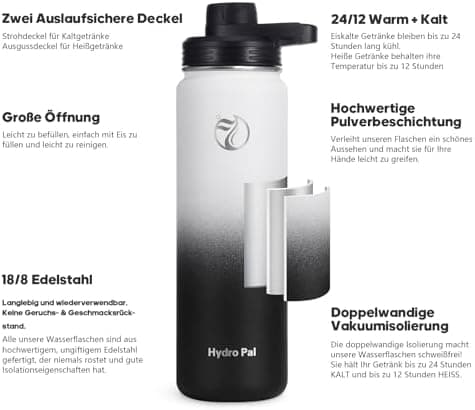 HydroPal Edelstahl Trinkflasche - Isolierte Flasche mit Strohhalm & 2 Deckeln, Auslaufsichere Isolierung für Sport, 500m