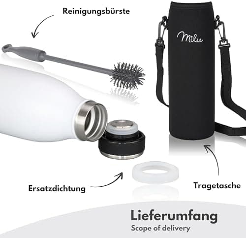 Milu Edelstahl Trinkflasche für Erwachsene – 750ml Isolierflasche zum Tragen – auslaufsicher, Kohlensäuregerecht inkl. R