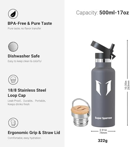 Super Sparrow Trinkflasche Edelstahl - Auslaufsicher Thermoskanne - Kinder für Sprudel, Sport, Schule, Fitness - 500ml -