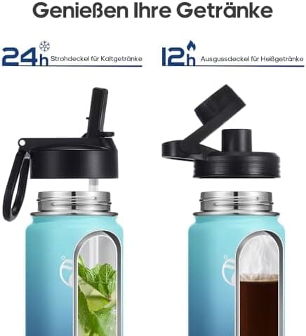HydroPal Edelstahl Trinkflasche - Isolierte Flasche mit Strohhalm & 2 Deckeln, Auslaufsichere Isolierung für Sport, 500m