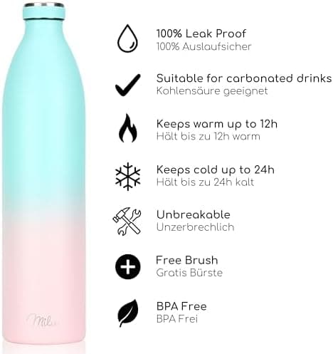 Milu Edelstahl Trinkflasche für Erwachsene – 750ml Isolierflasche zum Tragen – auslaufsicher, Kohlensäuregerecht inkl. R
