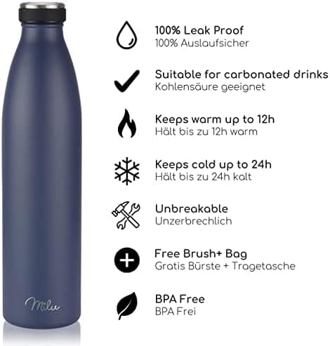 Milu Edelstahl Trinkflasche für Erwachsene – 750ml Isolierflasche zum Tragen – auslaufsicher, Kohlensäuregerecht inkl. R