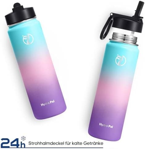 HydroPal Edelstahl Trinkflasche - Isolierte Flasche mit Strohhalm & 2 Deckeln, Auslaufsichere Isolierung für Sport, 500m