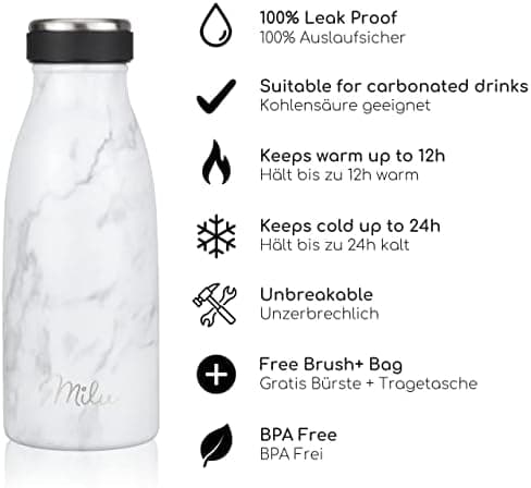 Milu Edelstahl Trinkflasche für Erwachsene – 750ml Isolierflasche zum Tragen – auslaufsicher, Kohlensäuregerecht inkl. R
