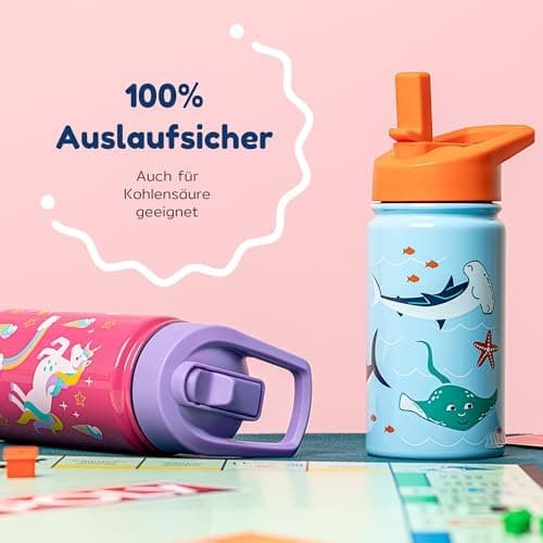 BOZ Isolierte Wasserflasche für Kinder | Edelstahl, doppelwandig, 414 ml | Praktisch und bequem mit Strohhalm-Deckel