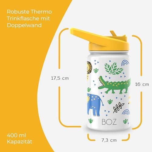 BOZ Isolierte Wasserflasche für Kinder | Edelstahl, doppelwandig, 414 ml | Praktisch und bequem mit Strohhalm-Deckel