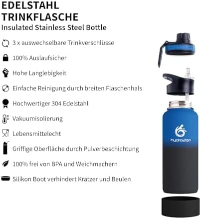 hydro2go Edelstahl Trinkflasche Mit Strohhalm, Bpa-Frei, Isolierflasche Für Kinder, Sport & Outdoor, 12h Heiß 24h Kalt H