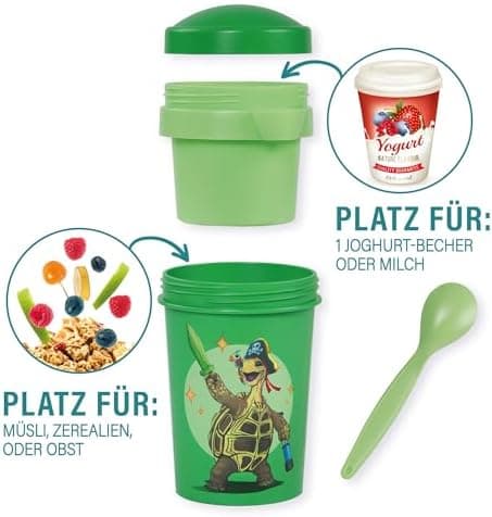 AWAVE Müslibecher To Go - Magische Tiere Schule 540 ml rPET Grün Henrietta, Joghurt-Früchte-Suppe Becher mit Löffel, Aus