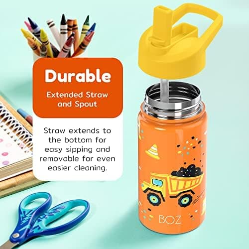 BOZ Isolierte Wasserflasche für Kinder | Edelstahl, doppelwandig, 414 ml | Praktisch und bequem mit Strohhalm-Deckel