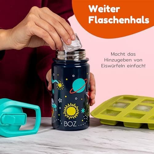 BOZ Isolierte Wasserflasche für Kinder | Edelstahl, doppelwandig, 414 ml | Praktisch und bequem mit Strohhalm-Deckel
