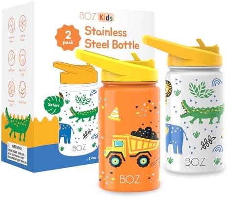 BOZ Isolierte Wasserflasche für Kinder | Edelstahl, doppelwandig, 414 ml | Praktisch und bequem mit Strohhalm-Deckel
