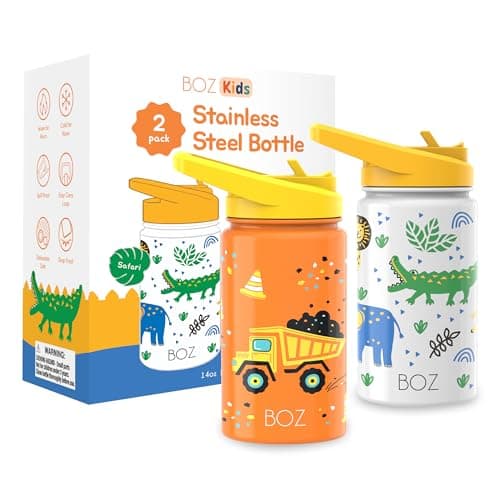 BOZ Isolierte Wasserflasche für Kinder | Edelstahl, doppelwandig, 414 ml | Praktisch und bequem mit Strohhalm-Deckel