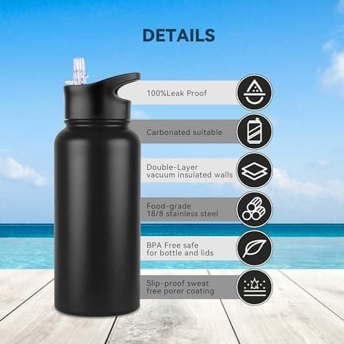 Edelstahl Trinkflasche - 1L - mit Strohhalm, BPA frei Thermosflasche,Vakuum Doppelwandisolierung für Sport,Schule und Fa