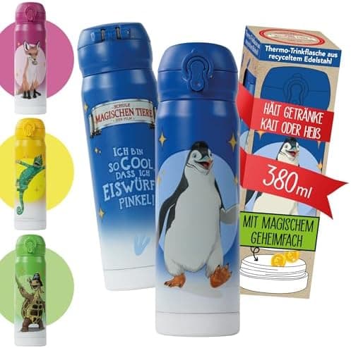 AWAVE Schule Magische Tiere Trinkflasche Kinder Edelstahl 380ml Blau Kohlensäure geeignet Thermosflasche Juri Einhandöff